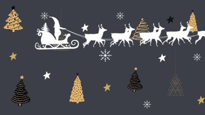 雪橇上的圣诞老人被驯鹿拉到灰色背景上的圣诞树图标上
