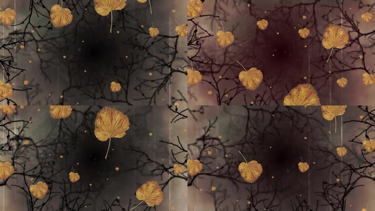 灰色背景下秋叶落在令人毛骨悚然的树枝上的数字动画