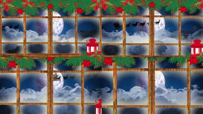透过窗户看到圣诞老人雪橇的冬季圣诞场景动画