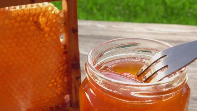 叉子上的成熟草莓的特写镜头蘸上美味的蜂蜜