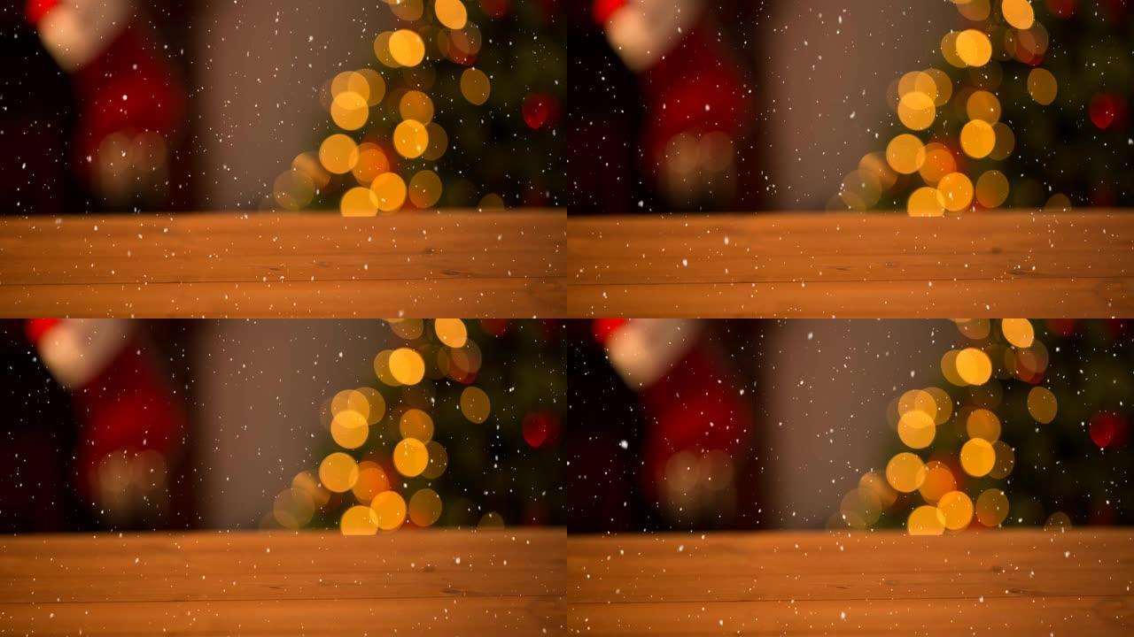 雪落在模糊房间和圣诞节装饰上的动画