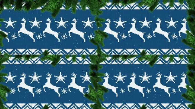 绿色树枝在圣诞节传统图案上，驯鹿在蓝色背景上