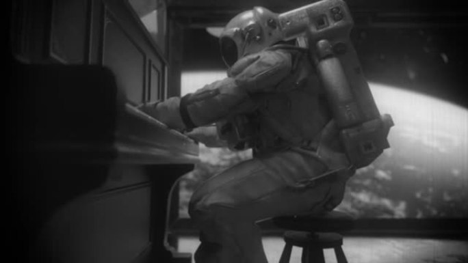 穿着宇航服的阿斯特兰在俯瞰地球的宇宙飞船上弹钢琴。空间和音乐概念。旧电影效果。黑白相间。3d动画