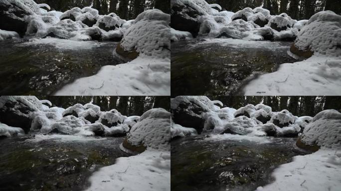 在针叶林中流淌的山区河流的死水特写。冰雪中的冰冻石头。横向移动滑动。广角