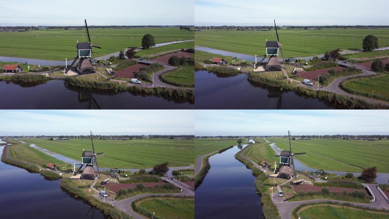 荷兰河边的古老历史磨坊，空中