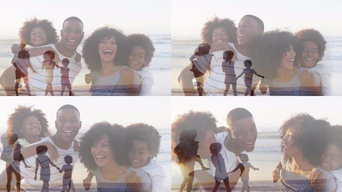 快乐的非裔美国人家庭piggybacking和在海滩上散步的组合