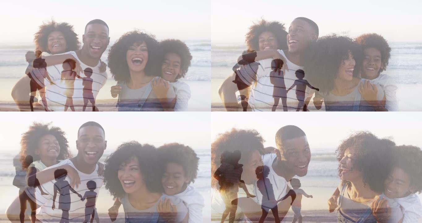 快乐的非裔美国人家庭piggybacking和在海滩上散步的组合