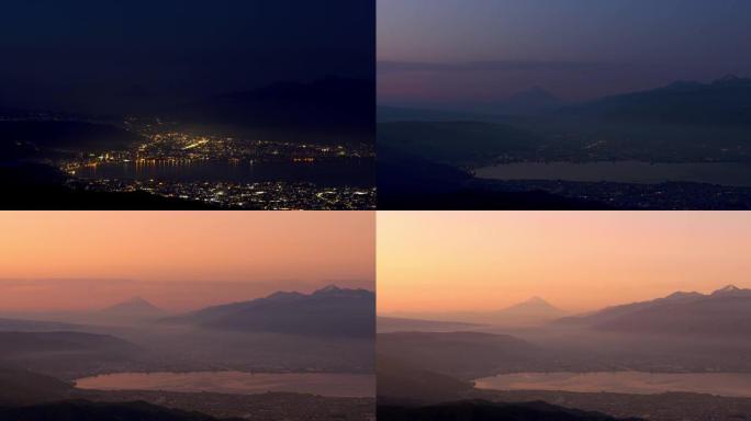延时-黎明时的富士山和山脚下的城市和湖泊固定