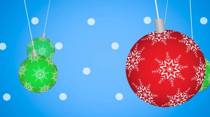 蓝色背景上悬挂的圣诞小玩意和白色圆点图案的动画