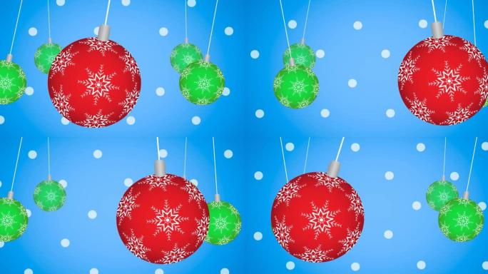 蓝色背景上悬挂的圣诞小玩意和白色圆点图案的动画