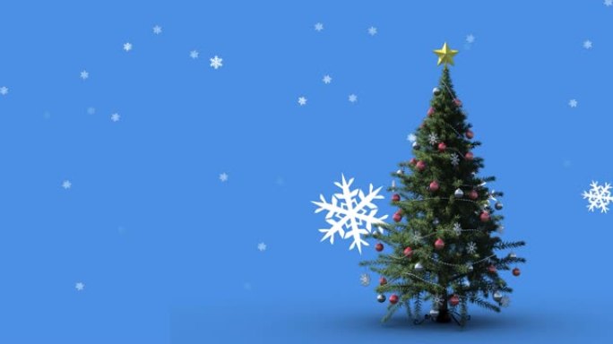 蓝色背景上的雪花落在圣诞树上的动画