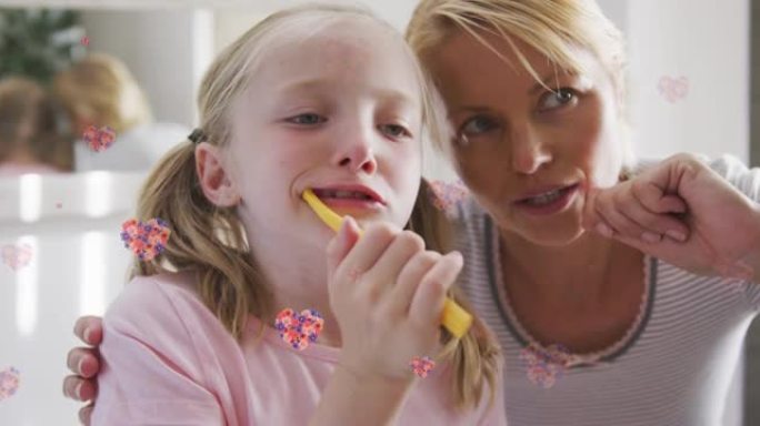高加索母亲和女儿刷牙的花心动画