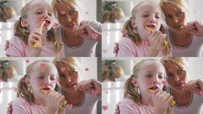高加索母亲和女儿刷牙的花心动画