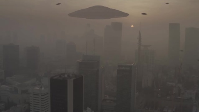 大城市上空的外星人ufo入侵，鸟瞰图