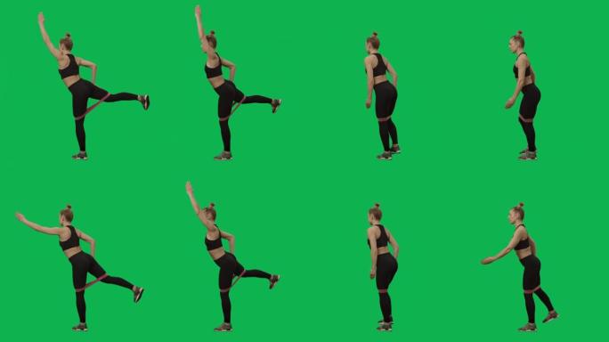 穿着运动服的年轻女子用健身橡皮筋锻炼。腿部锻炼，适合女性。绿屏背景上的2合1拼贴侧视图全长。慢动作准