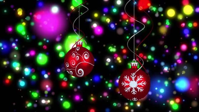 黑色背景上发光的彩色斑点上的圣诞节气泡动画