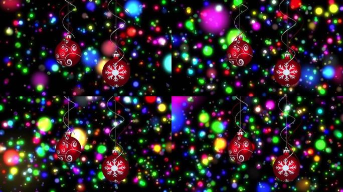 黑色背景上发光的彩色斑点上的圣诞节气泡动画