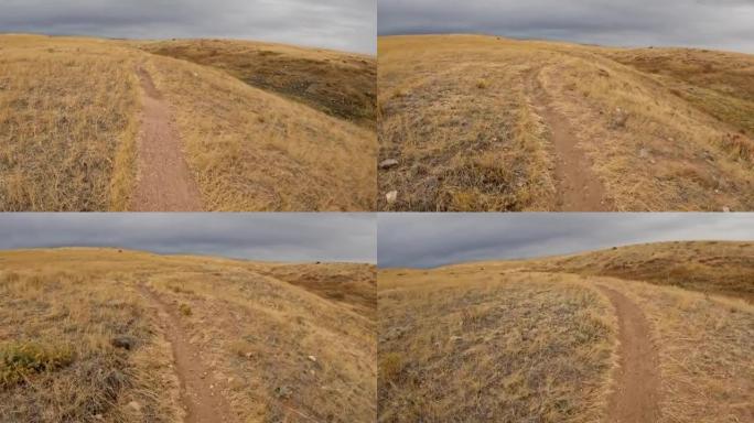 POV来自在科罗拉多草原的单轨小径上骑山地自行车