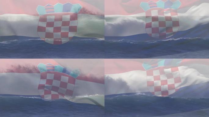 克罗地亚的国旗在海浪中翻滚的动画