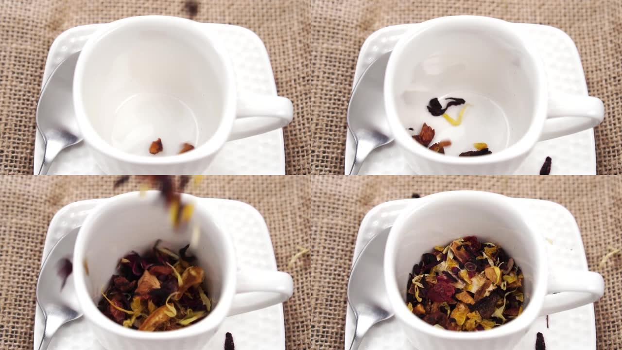 天然有机健康饮料成分从茶匙掉入白茶杯