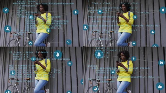 在街上使用智能手机的快乐非洲裔美国妇女的数据和媒体图标动画