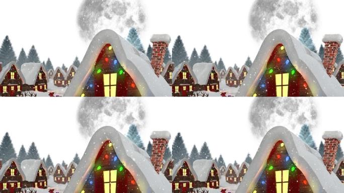积雪覆盖的房屋上积雪的动画装饰着圣诞仙女灯