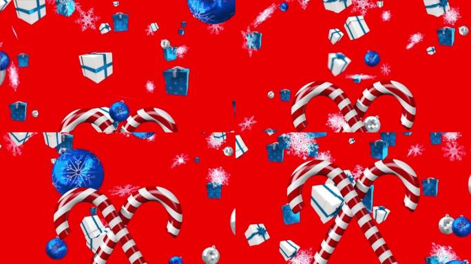 糖果手杖，圣诞节小玩意，礼物和雪落在红色背景上的动画