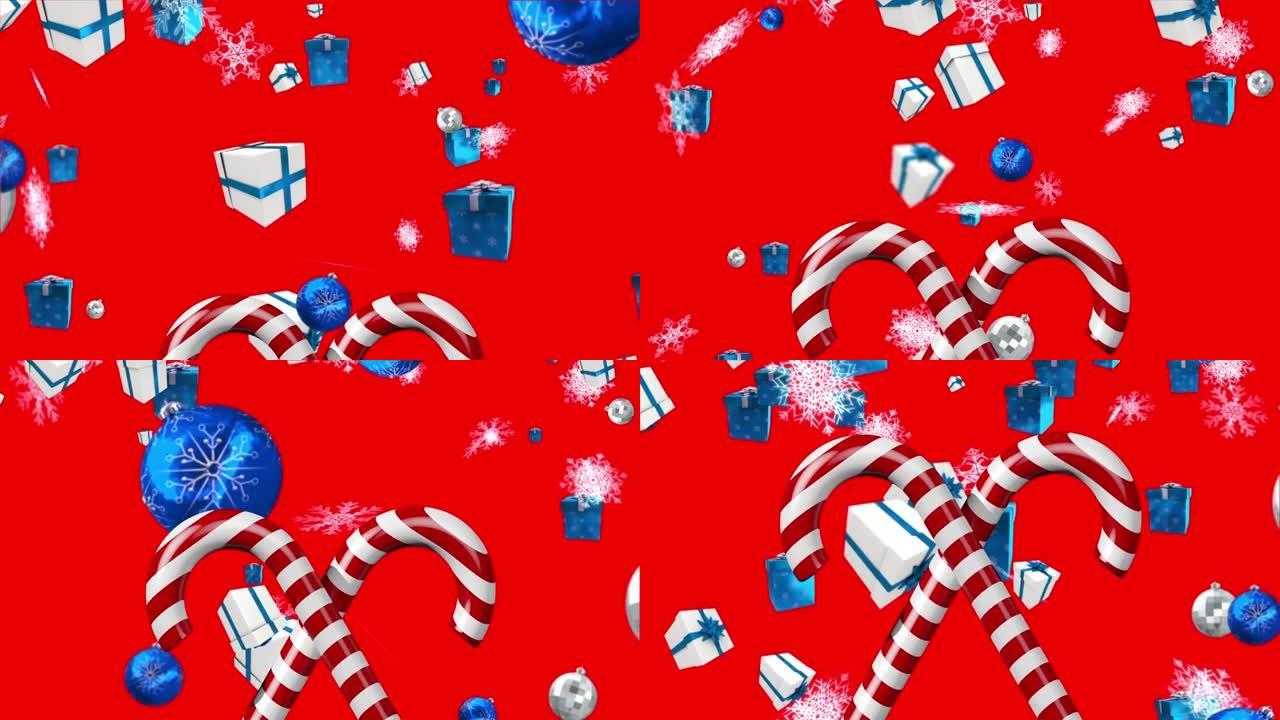 糖果手杖，圣诞节小玩意，礼物和雪落在红色背景上的动画