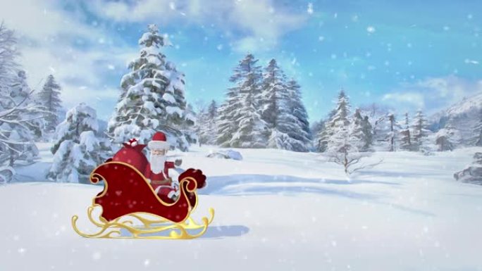 圣诞老人正骑着雪橇带着礼物在森林上空骑行。圣诞快乐，新年快乐2022动画。无缝循环。