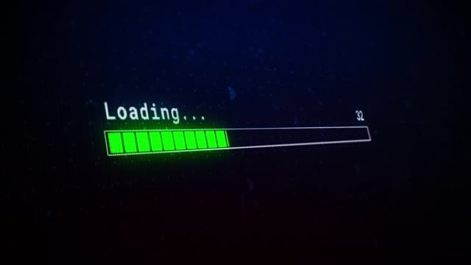 绿色加载进度条下载barloading屏幕像素化进度动画。状态栏，处理从0到黑色背景上的100传输。