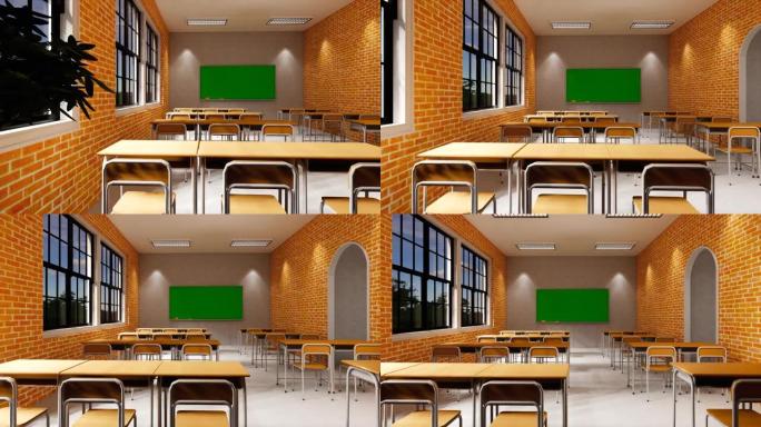 新的正常教室和桌椅的间距，以防止冠状病毒的传播 (新型冠状病毒肺炎)。教和学的教室。3d渲染内部。