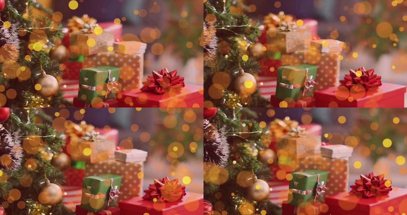 金色圆点星星掉落在礼物和背景中的圣诞树上的动画