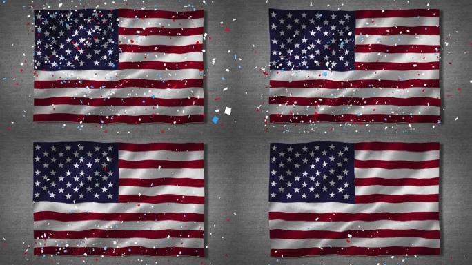 数字动画的五彩纸屑落在挥舞的美国国旗在灰色的背景