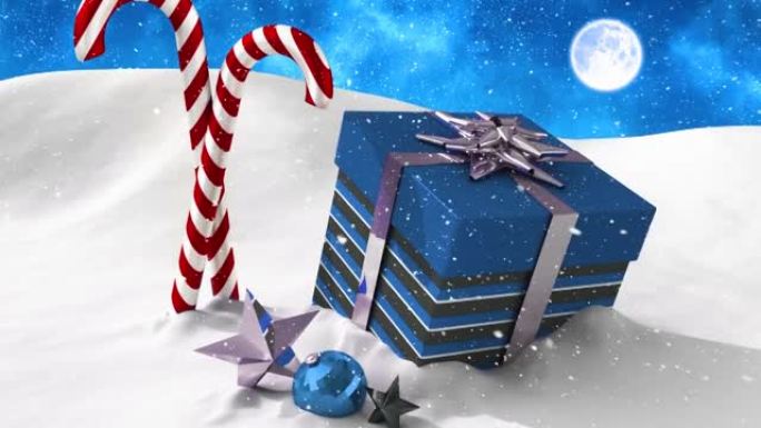 圣诞节礼物和晚上糖果上的雪的动画