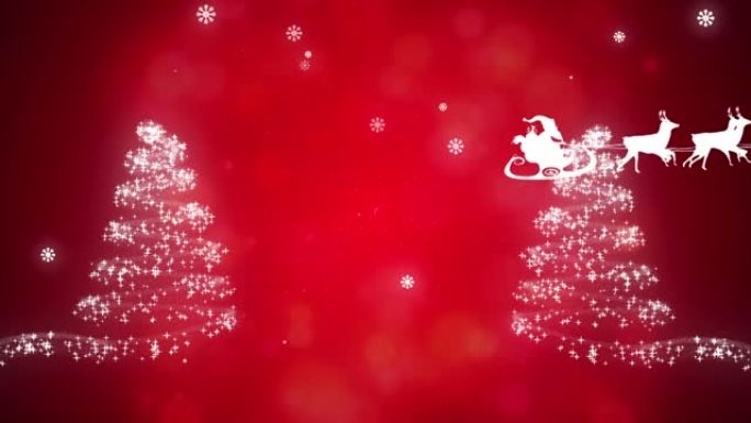 红色背景上的驯鹿雪橇上的圣诞树和圣诞老人动画