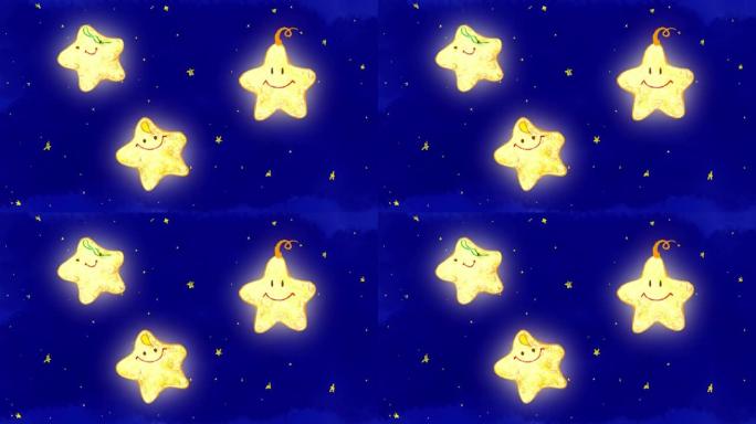 闪亮星星4k高清手绘动画，闪烁小星星睡前歌视觉，蜡笔涂鸦动画背景下降视频