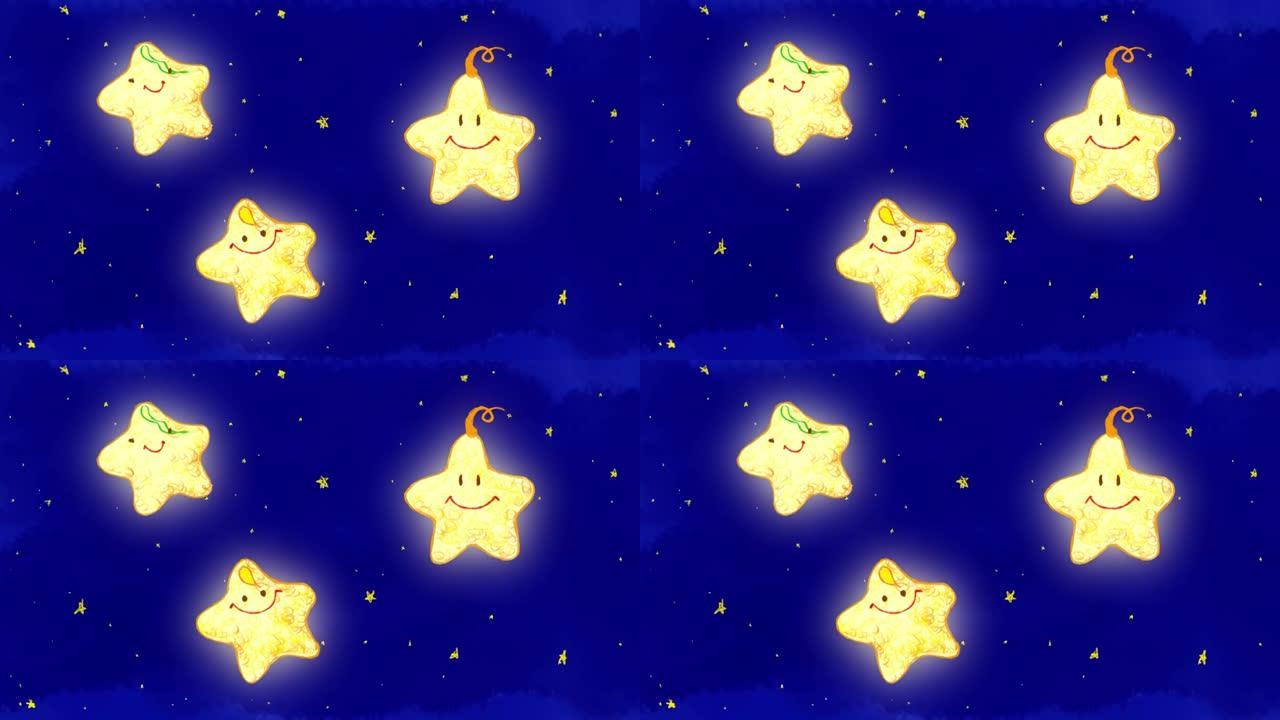 闪亮星星4k高清手绘动画，闪烁小星星睡前歌视觉，蜡笔涂鸦动画背景下降视频
