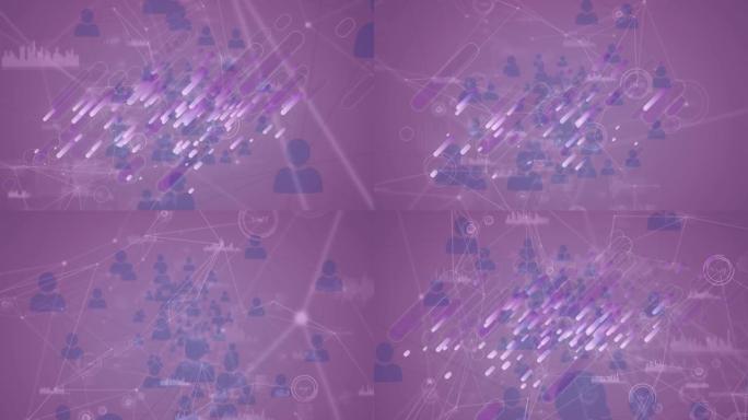 数字数据上的紫色形状动画和紫色背景上的连接网络