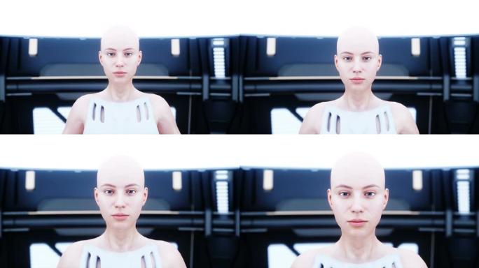 科幻未来派metall房间里的女性机器人。未来概念。逼真的4k动画。
