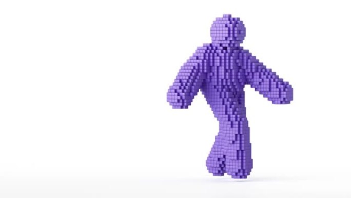 循环3d动画与阿尔法通道，紫罗兰体素男子卡通人物跳舞。白色背景上孤立的有趣吉祥物