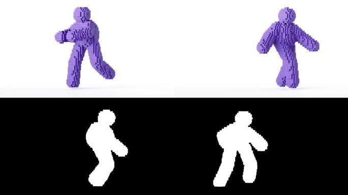 循环3d动画与阿尔法通道，紫罗兰体素男子卡通人物跳舞。白色背景上孤立的有趣吉祥物