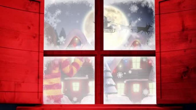 圣诞树在冬季风景中的动画，女孩挥舞着手，圣诞老人与驯鹿