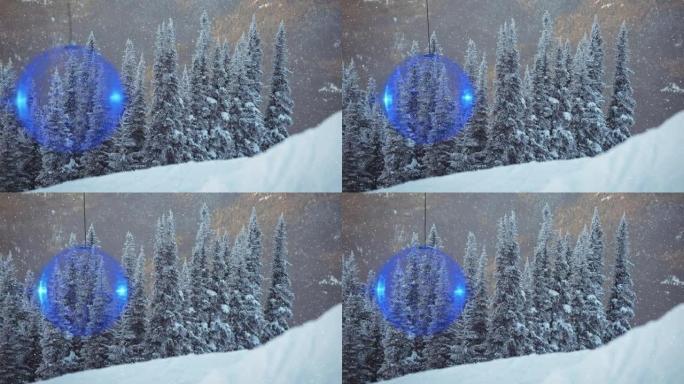 冬季乡村风景下的雪花和蓝色圣诞摆设动画