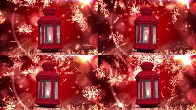 红色背景上的雪上的灯笼动画