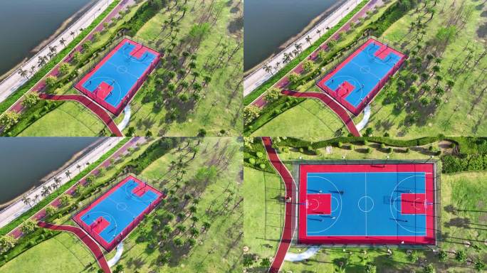 海边绿化地里的篮球场4K航拍