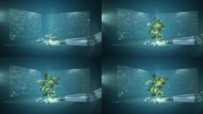 机器人手臂上的植物动画和屏幕上的数据处理