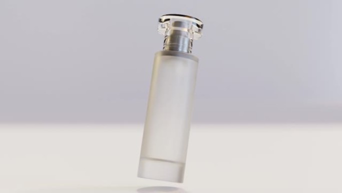 香水瓶旋转空气循环动画，男士化妆品，白色背景，花露水，玻璃喷雾瓶，胡须和胡须护理油，3d渲染