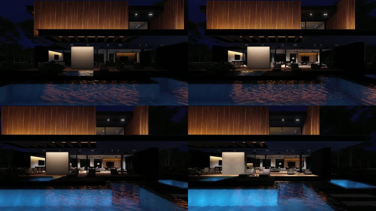 木板立面灯开启的现代住宅4k视频渲染