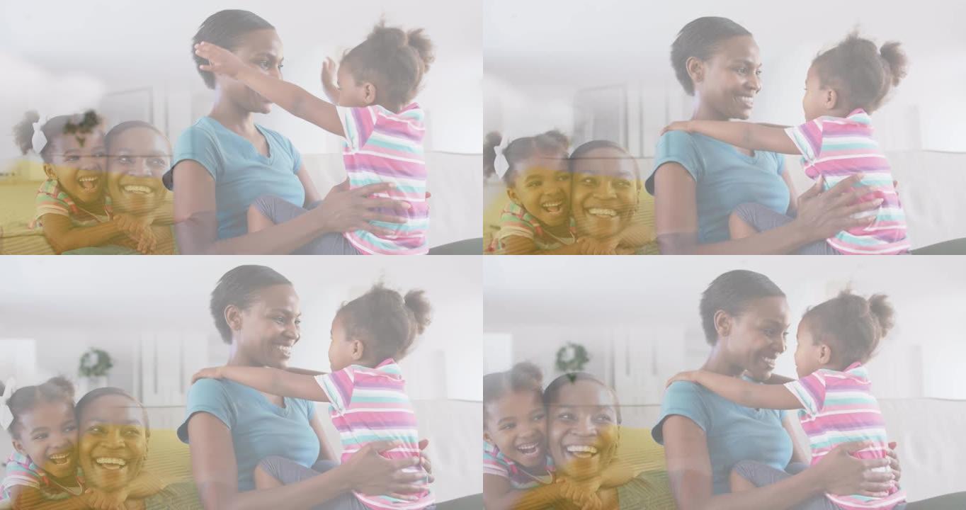 幸福的非洲裔美国母女复合，在家拥抱和拥抱