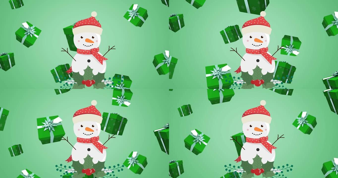 礼物和雪人落在绿色背景上的动画